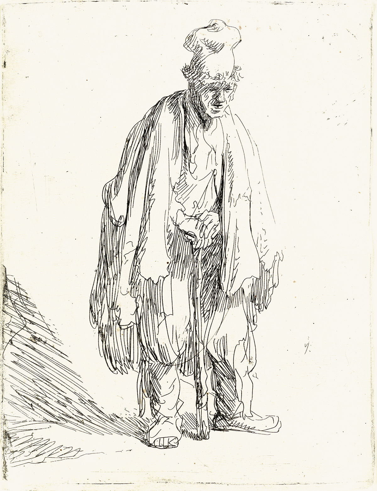 REMBRANDT VAN RIJN A Beggar in a High Cap, Standing and Leaning on a Stick.